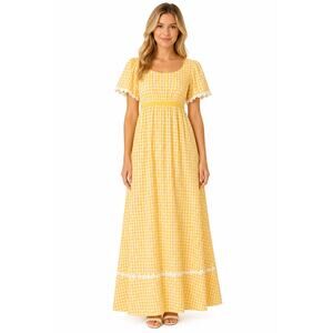 70s Handmade Yellow Gingham Daisy Trim Empire waist Flutter Sleeve Maxi Dress S